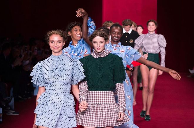 “It’s actually very, very hard to make [models] smile on the catwalk! They were all given a pep talk before they went out,” explained Beth Macgraw, one half of the sister duo behind the label, backstage after the show. “We’re not a serious brand—we sew hearts on knickers!—so for us, fashion is fun.”

The collection’s starting point was ‘love’ and ‘love letters’ with hand-darned hearts scattered throughout the flirtatious, fun assembly of looks. And with a finale of dancing, uncharacteristically happy catwalkers, the crowd couldn’t help but smile along. Photo: Getty 