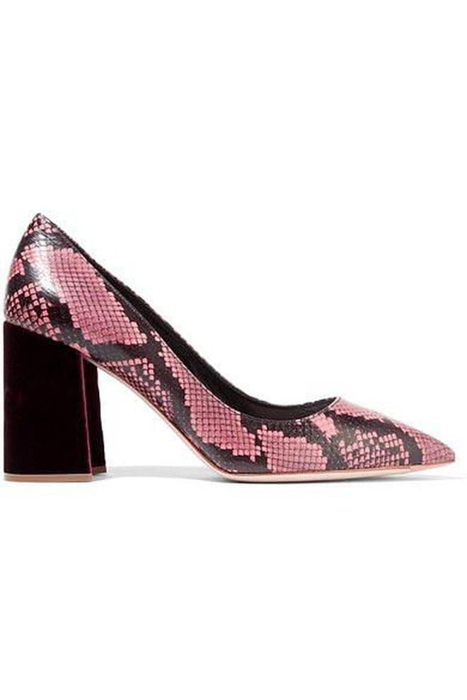Miu Miu velvet-trimmed snake pumps, $990. Neutral shoes are essential, but sometimes a whimsical pair in an unexpected material is just as important.

