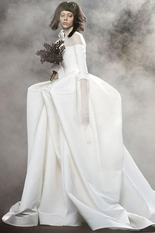 Rather than envisioning the hills of the American West- think English countryside. This silk faille off- shoulder suits that setting to perfection. Vera Wang Bride "Fantine" gown, verawang.com. 