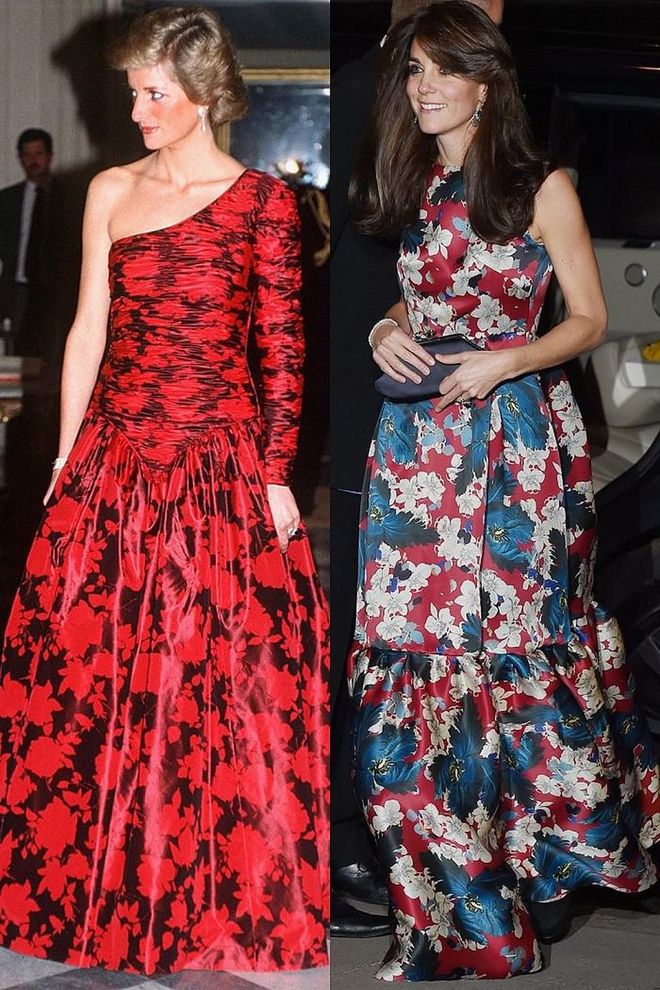 Diana wearing Catherine Walker at a dinner in Paris in November 1988; Kate in Erdem at the 100 Women In Hedge Funds Gala at the Victoria and Albert Museum in October 2015.