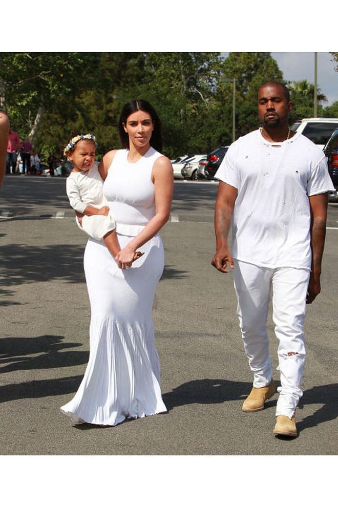 North got in on the matching monochromatic white for a family outing to mass on Easter Sunday.
Photo: Getty