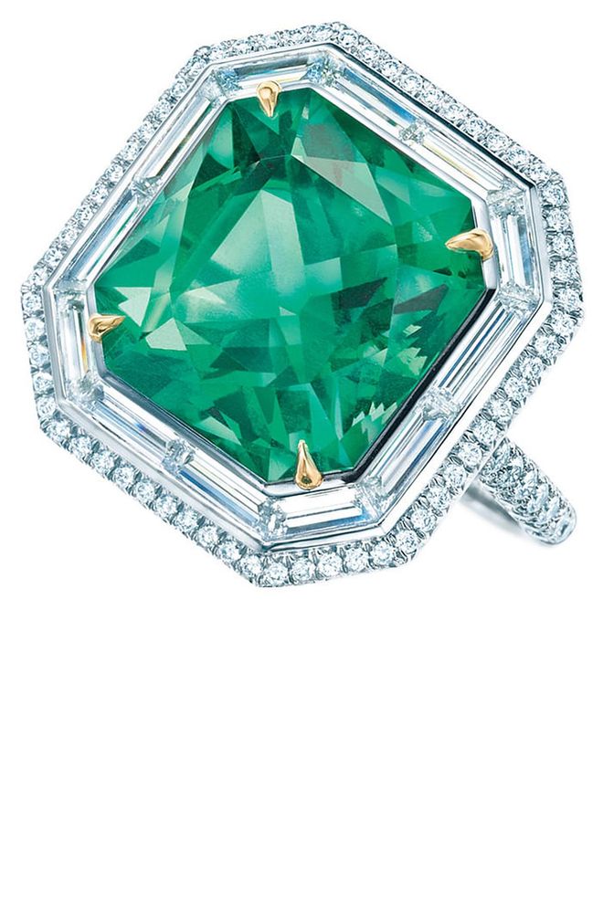 Emerald-cut emerald ring with diamonds in 18k gold and platinum. $215,000, tiffany.com.
