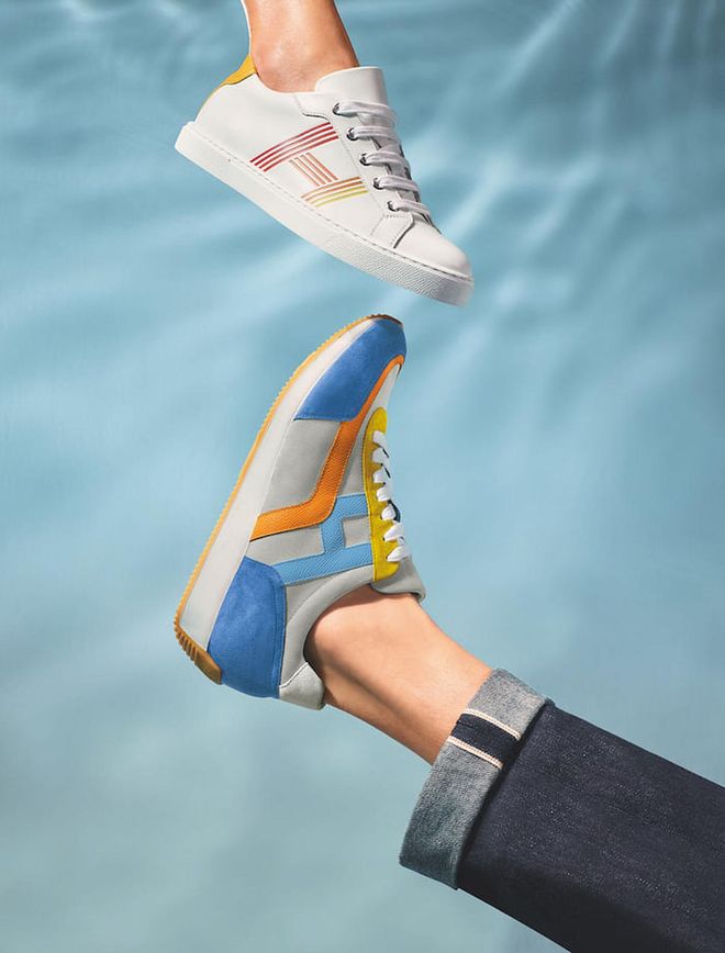 Sneakers in technical canvas, Epsom calfskin and suede goatskin with slanted H motif, or in calfskin with slanted H motif. (Photo: Arnaud Lajeunie/Hermès)