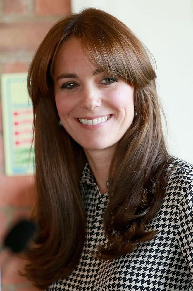 After five months of maternity leave, Kate returned to duties in September with a children’s mental health project—and brand-new bangs. Her feathered fringe quickly became a trending topic and was copied (and later regretted) by many.

Photo: Chris Jackson / Getty