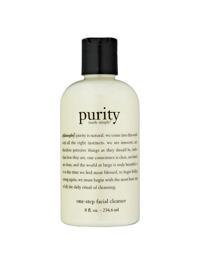 <b>Purity Made Simple One-Step Facial Cleanser, Philosophy</b>: This gentle cleanser freshens up the face effectively with its low-lathering but high-quality formula. Infused with a slew of skin-loving botanical extracts this cleanser leaves the skin feeling baby smooth after each wash and keeps pesky zits at bay. Doesn’t hurt that the combination of essential oils in its formulation puts the mind at ease with its relaxing spa-like scent which guys (and girls) will appreciate. Photo: Philosophy