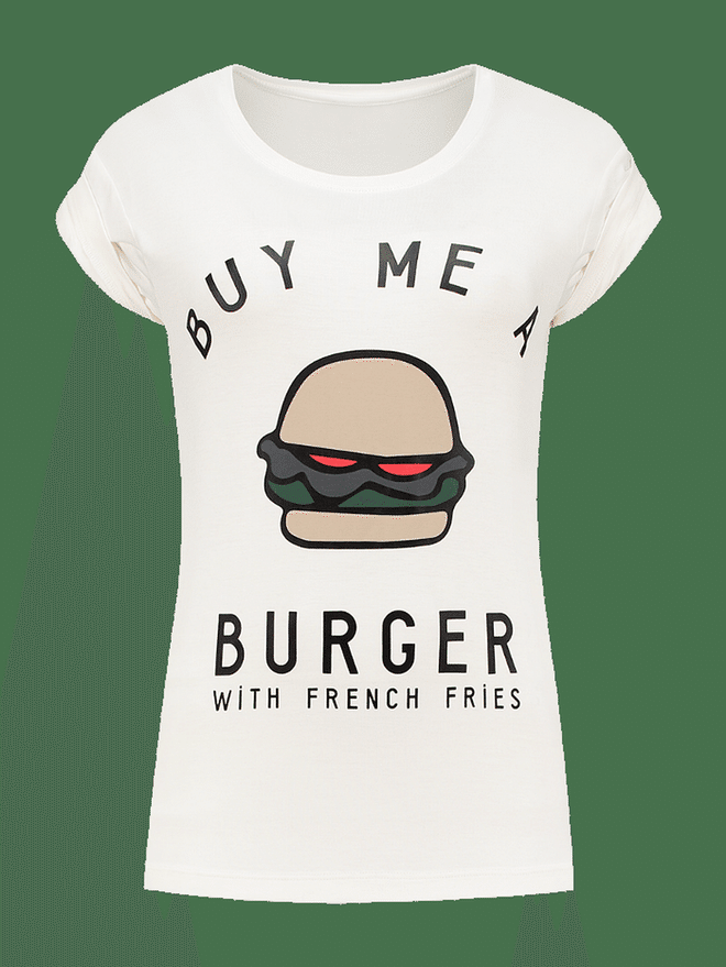 There;s nothing basic about this basic tee. Printed with a cute burger print, this piece is great on its own or layered over a cardigan when days are chilly (Photo: NIKKIE)