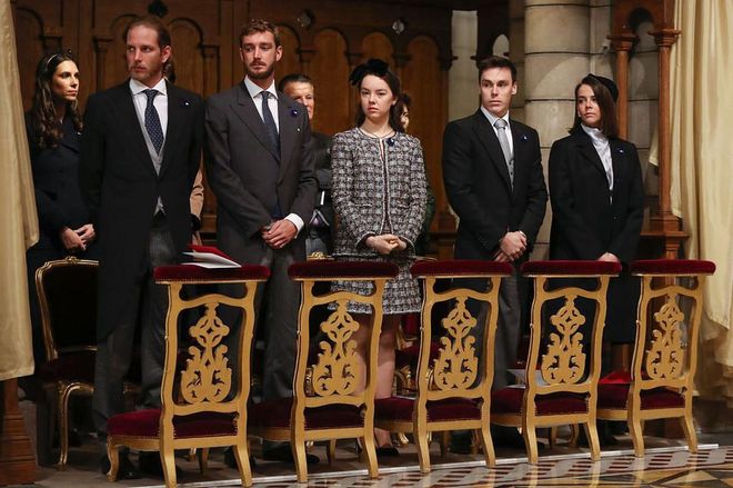 Andrea Casiraghi, Pierre Casiraghi, Princess Alexandra of Hanover, Louis Ducruet, and Pauline Ducruet attend a mass in honor of the day's celebrations. Princess Alexandra looked stylish in a tweed suit set and black bow fascinator while Pauline Ducruet paired a light blue turtle-neck with a black coat and pill cap.

Photo: Getty