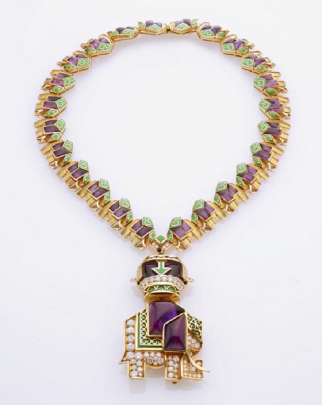 Necklace with amethysts, diamonds and green enamel, 1971