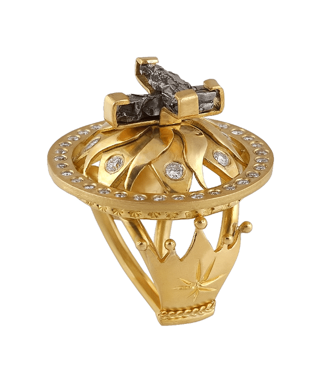 The museum has a permanent hall of minerals and gems, and this gold ring, designed by Donna Distefano and topped with pieces of the Gibeon meteorite, will be part of the Out of This World: Jewelry in the Space Age exhibit at the museum- opening in June 2015.