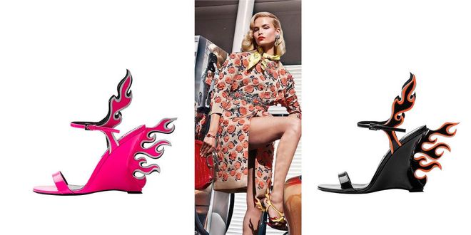 First seen on Prada's spring/summer 12 runway (as seen in the campaign image in the middle, shot by Steven Meisel and featuring Natasha Poly), the flame heels were the breakout stars of the collection. This season's reiteration sees them take the form of fully neon and neon-outlined wedges.