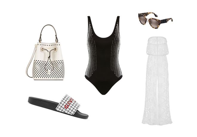 Bag, Furla. Slides, Givenchy. Swimsuit, La Perla. Romper, Miguelina at ModaOperandi. Sunglasses, Prada.