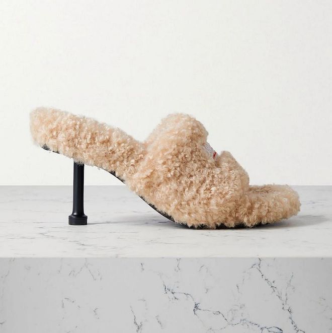 Furry Logo-Embroidered Faux Shearling Mules, $1,176, Balenciaga at Net-a-Porter