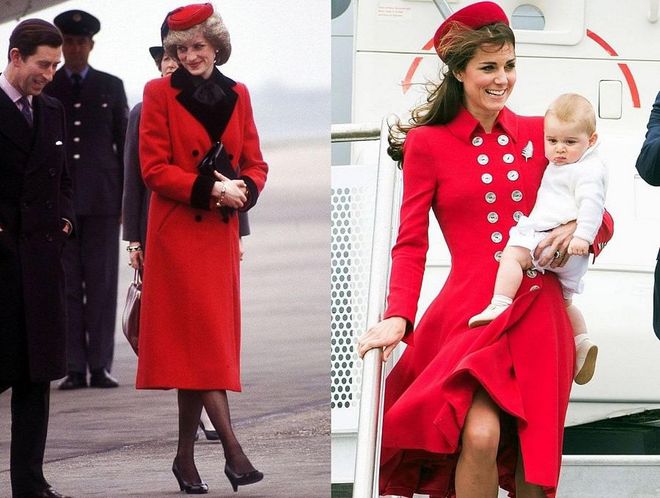 Diana arrives at Birmingham Airport in Catherine Walker, 1984; Kate and Prince George arrive at Wellington Airport in New Zealand for the beginning of the Royal Tour of Australia and New Zealand, 2014.