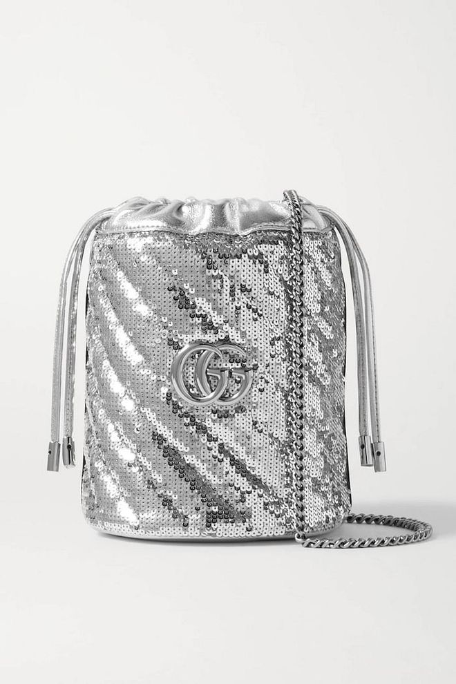 GG Marmont Mini Sequined Leather Bucket Bag, $1,882, Gucci at Net-a-Porter