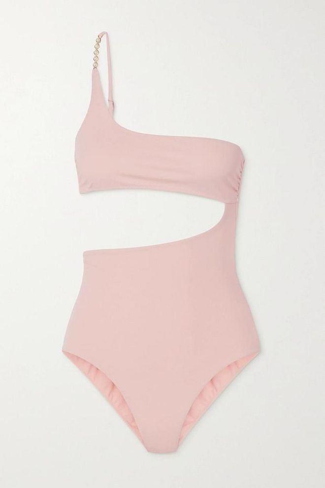 + NET SUSTAIN One-Shoulder Embellished Cutout Stretch-ECONYL Swimsuit, $248, Stella McCartney at Net-a-Porter