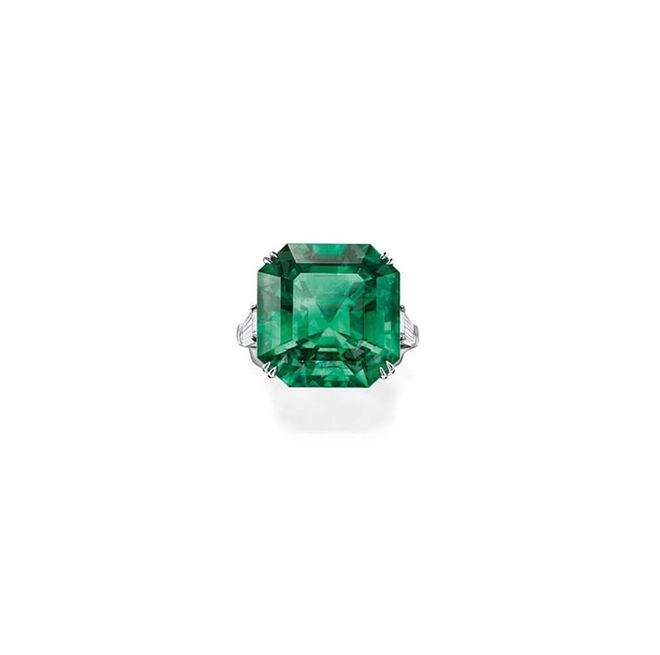 Emerald engagement ring with diamonds, price upon request, harrywinston.com.
