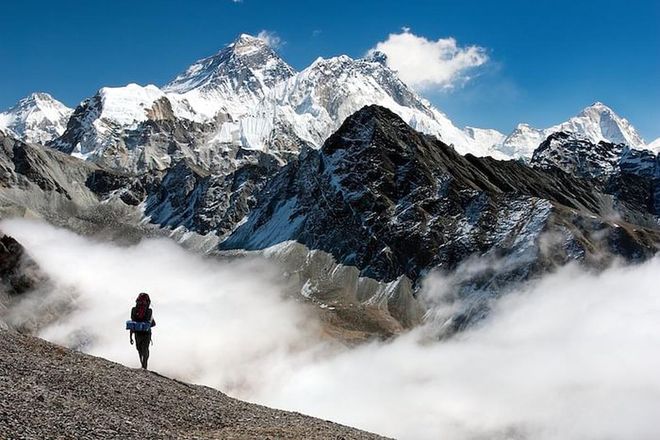 view of Everest from Gokyo with tourist on the way to Everest base camp - Nepal