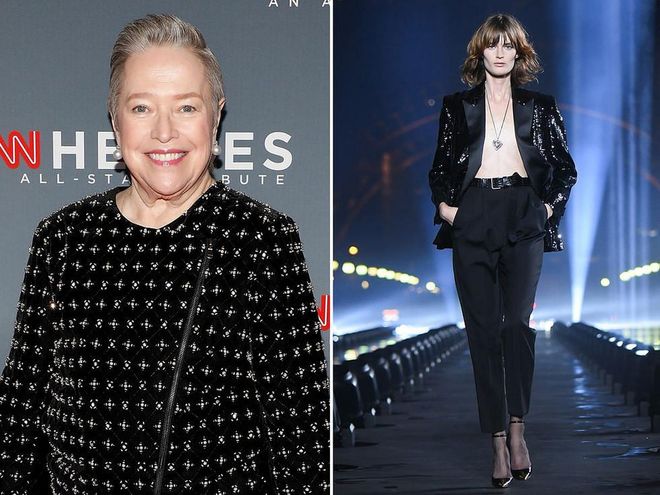 The legendary Kathy Bates is up for Best Supporting Actress for her role in Richard Jewell, so we think this is the perfect excuse for some sparkle. Bates would dazzle on this year's red carpet in this sequinned black blazer by Saint Laurent, worn with classic black suit trousers and a crisp white shirt for a timeless look.
