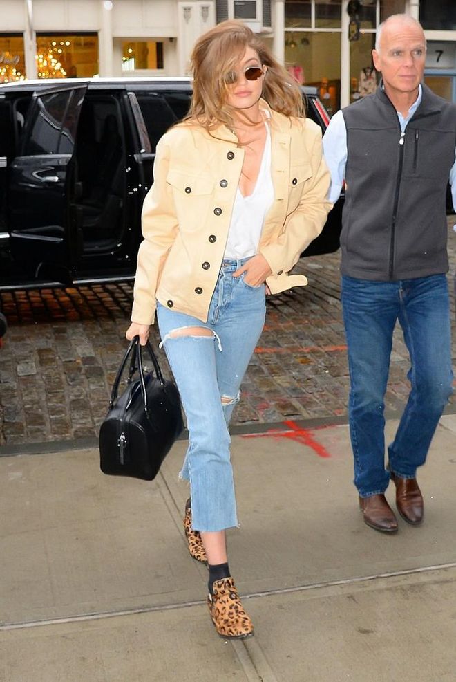 Loving Gigi's vintage inspired cream outerwear by J Brand jacket at net-a-porter. Paired with distressed denim and leoprad print shoes. 