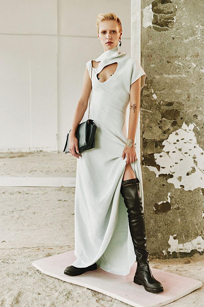 Cotton and Viscose Light Double Crepe Long dress; Dinosaur earring; silver Petal cuff; Dark Green Supple Natural Calfskin Tri-Fold clutch on chain; Stretched Nappa Thigh High Country boots, Céline 
