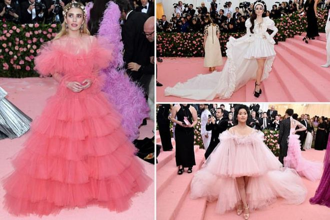 Clockwise from left: Emma Roberts, Lily Collins, and Lana Condor wear Giambattista Valli to the 2019 Met Gala.
Photo: Getty