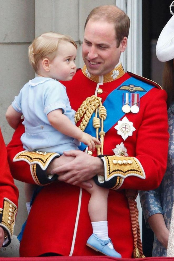 Prince William dotes on Prince George as he stands on the balcony of Buckingham Palace during Trooping the Colour on June 13, 2015.

Photo: Getty