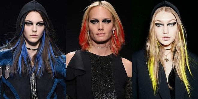 Not to play favorites, but some beauty looks are just more fun than others. Versace's technicolor hair extensions was one of those looks. Hairstylists cut and styled piles and piles of extensions and placed them throughout the models' hair, both long and short. 