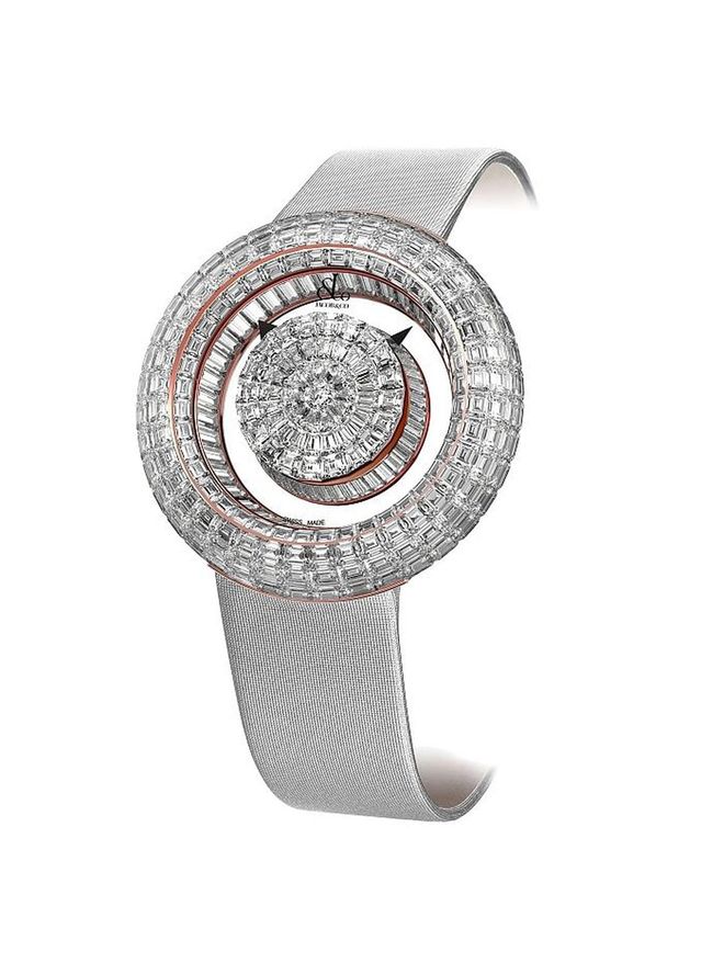 This watch's case is invisibly set with 172 baguette white diamonds, while the inner ring is set with 40 baguette white diamonds. <b>Jacob & Co, $420,000</b>