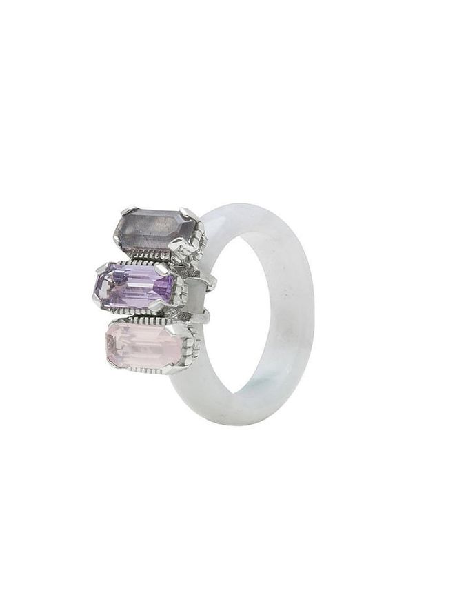 Singapore Jewellery Designer Choo Yilin's white rhodium, quartz, amethyst and moonstone Shophouse Jade Trinity ring