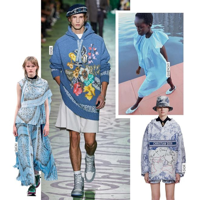 Classic Blue may be the 2020 Pantone Color of the Year, but the softer sky blue speaks more to the uplift we crave in these times. From the old school, such as Givenchy’s elegant day sheath with gently puffed sleeves and Carolina Herrera’s classic checks, to the new age—think Sacai’s silk handkerchief dress overlaid with astral prints, and Dior’s luxe sportswear with maps and zoological motifs—these are the perfect pieces to beat the blues. 