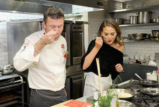 NEW YORK, NY - NOVEMBER 15:  Belgian Chef Bart Vandaele leads a traditional Belgian cooking demonstration with Chrissy Teigen as part of the 'King's Feast' to celebrate a season of memorable hosting on November 15, 2016 in New York City.  (Photo by Craig Barritt/Getty Images for Stella Artois)