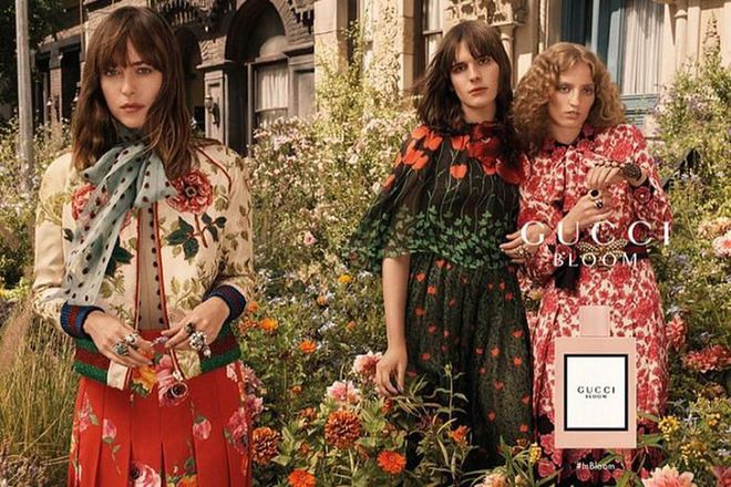 Shot by Glen Luchford, the campaign features the actress Dakota Johnson, the model Hari Nef and the artist Petra Collins as they are transported from the daily grind of the city into a beautiful, flourishing garden.

Photo: Gucci