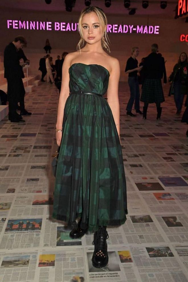 Amelia Windsor dressed in a strapless checked dress and chunky boots.

Photo: David M. Benett / Getty