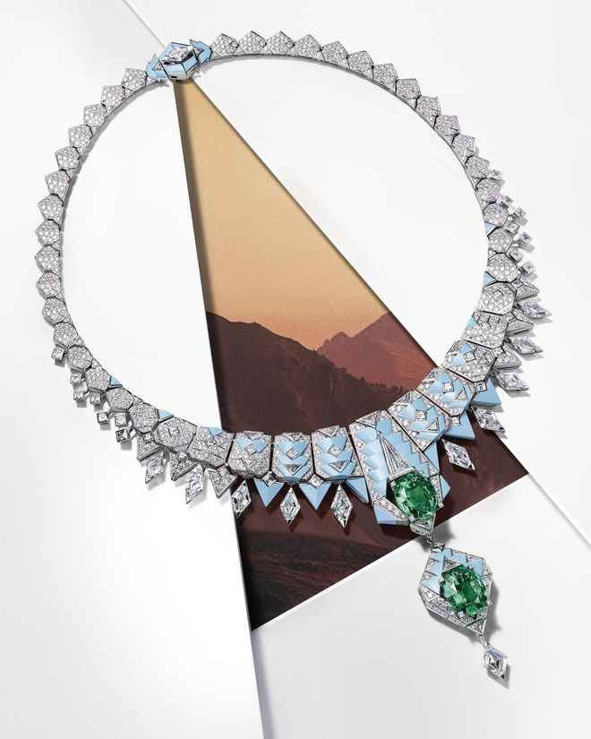 Girih necklace in platinum with emeralds, turquoise and diamonds. Photo: Cartier
