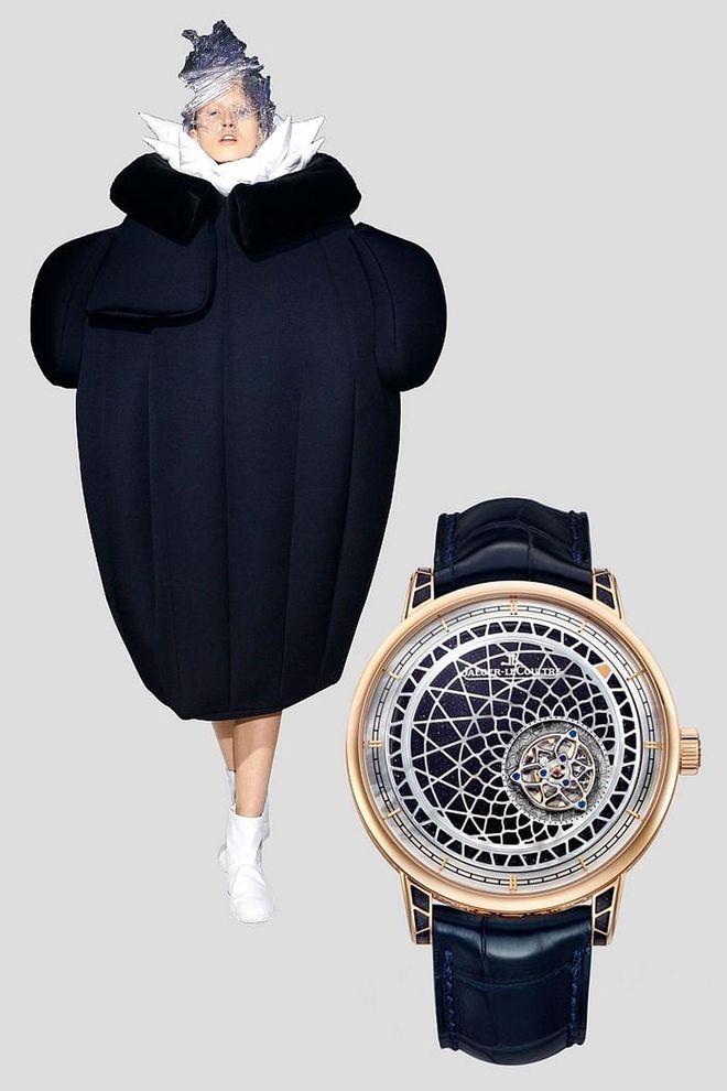 The leader in contemporary avant-garde, Japanese designer Rei Kawakubo of Comme des Garçons (who was recently honored at the Met Gala) plays with size, shape, and proportion against the necessity of, you know, actually using your arms. In similar style, watch brand Jaeger-LeCoultre's Hybris Artistica Mystérieuse uses a rotating tourbillon set inside a turning disc to reveal the time in the most dramatic way.

Hybris Artistica Mystérieuse, $348,000, jaeger-lecoultre.com