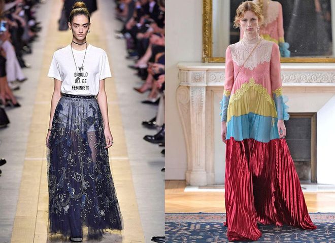 The designers' breakup was bittersweet, however, seeing as each went on to deliver show-stopping solo collections for both Valentino and Dior. Chiuri made history as the first-ever female creative director at Dior in the fashion house's 70-year history. For her debut Spring 2017 collection, Chiuri made the ultimate girl-power statement with T-shirts reading "We Should All Be Feminists" and "Dio(r)evolution" sprinkled into the looks. It was clear that the new Dior would be ultra-feminine and ultra-proud of the fact. Meanwhile at Valentino, Piccioli unveiled his first solo collection for the house with a whopping 64 looks which earned him a standing ovation. The collection featured a series of pink and red looks along with show-stopping daywear and handkerchief-hemmed dresses that won over the fashion crowd immediately—proving some breakups really are for the best.