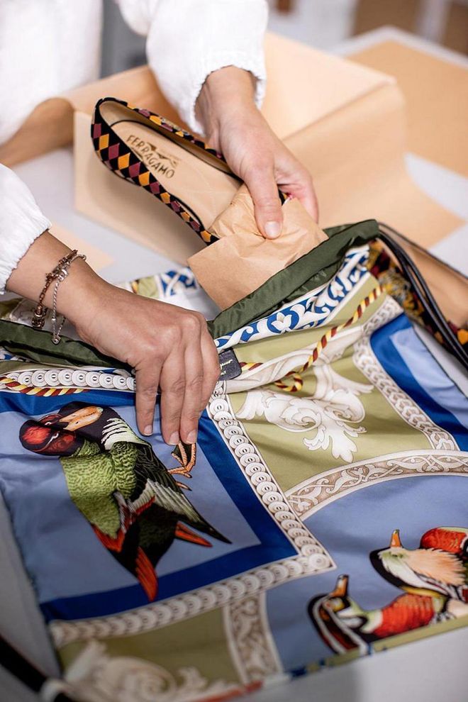 The products are packed in a reusable dust-bag, itself up-cycled from existing printed fabrics and materials.(Photo: Salvatore Ferragamo)

