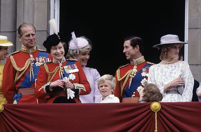 Queen Elizabeth II with Princess Anne, Prince Phillip, Princess Michael of Kent (a member of the British royal family who's married to the Queen's first cousin), Peter Phillips (Princess Anne's son), Prince Charles, and Princess Diana at the Trooping the Colour ceremony in London.