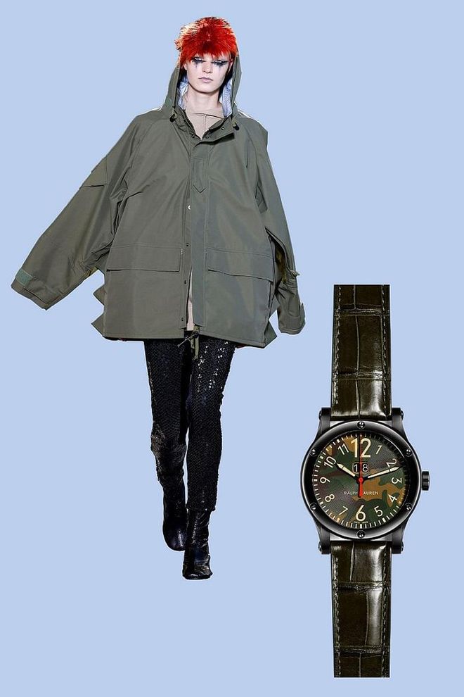 Camo-chic best describes Ralph Lauren's new Safari Grand Date watch, complete with a epic, oversized 50mm dial (that's about the same size as an Oreo—who's hungry?); Japanese designer Junya Watanabe, himself a master of adapting the abstract, has also pushed the boundaries of proportion this year with a similar color scheme and vibe.

Safari Grand Date Camo Dial, $5,350, ralphlaurenwatches.com