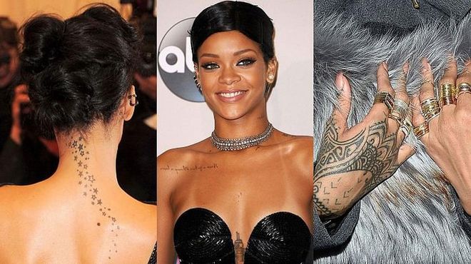 Rihanna has at least 22 tattoos, including a string of stars down her neck, the goddess Isis beneath her breasts, "Never a failure, always a lesson" scrawled across her right shoulder and henna-inspired designs on her left hand.