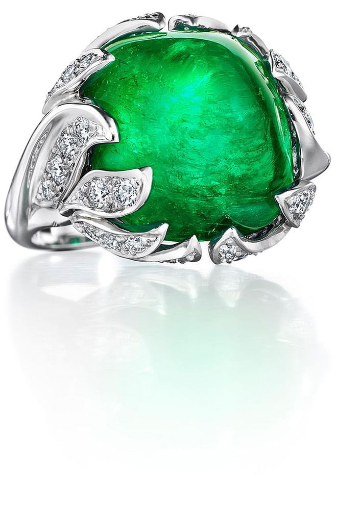 Emerald and diamond ring, price upon request, oscarheyman.com.
