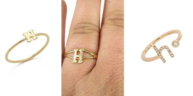 Rings L-R: Jacquie Aiche gold H ring, Vintage Gold Plated Adjustable Initial Letter H Ring from Etsy, lower case diamante initial ring from Astrid & Miyu