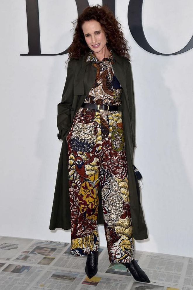 Andie MacDowell opted for a patterned jumpsuit.

Photo: Dominique Charriau / Getty