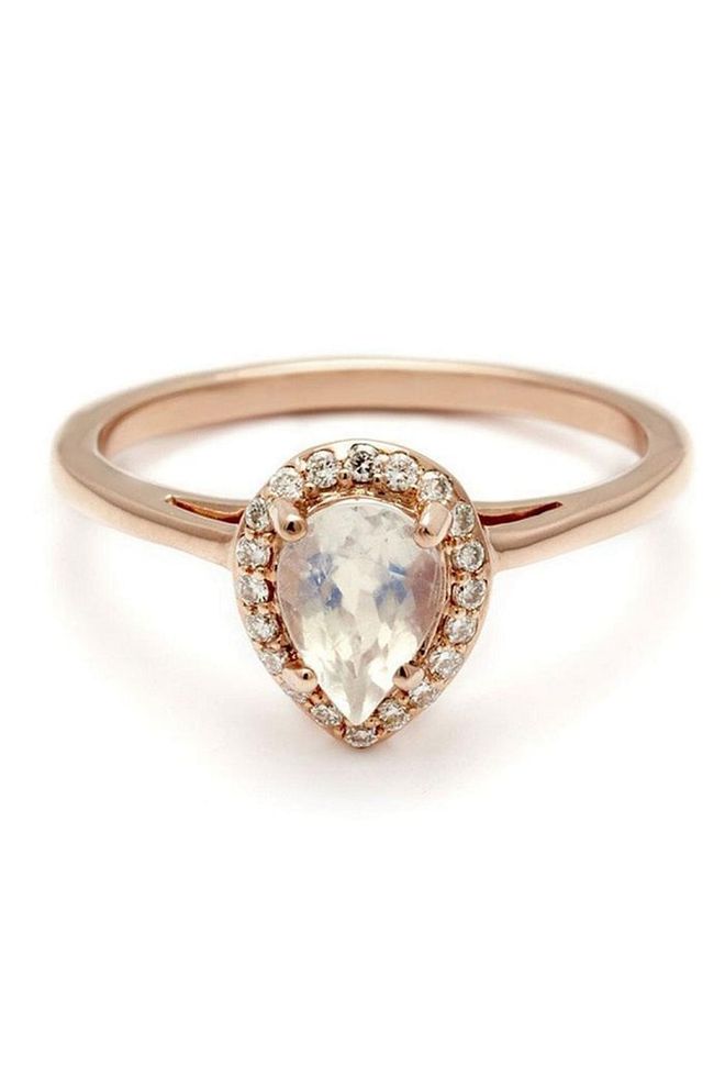 Similar in appearance to a classic diamond engagement ring, this Anna Sheffield teardrop moonstone ring is chic, timeless and elegant. Anna Sheffield Moonstone Ring, S$4,197
