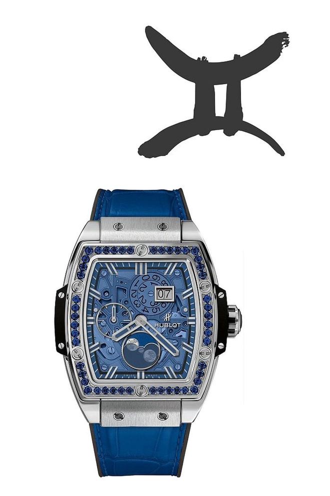 Through a transparent blue quartz dial, the visible inner workings of this Hublot are intricate enough to appeal to intellectual and analytical Gemini. The dial displays time, date, and phases of the moon inside a lightweight titanium case set with 48 blue sapphires. <b>Hublot Spirit of Big Bang Moon phase Titanium Dark Blue, $22,400</b>