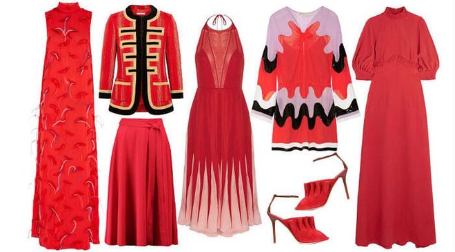 Feather gown, Emilio Pucci; Midi skirt, Iris &amp; Ink; Jacket, Givenchy; Halterneck dress, Valentino; Colour block dress, Emilio Pucci; Crepe maxi dress, Emilia Wickstead; Suede sandals, Malone Souliers - all from THEOUTNET.COM