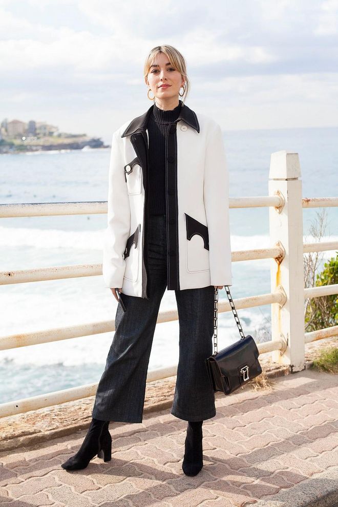 Fashion Blogger Carmen Hamilton wearing an Ellery jacket, Proenza Schouler bag and Apiece-Apart top. Photo: Getty 