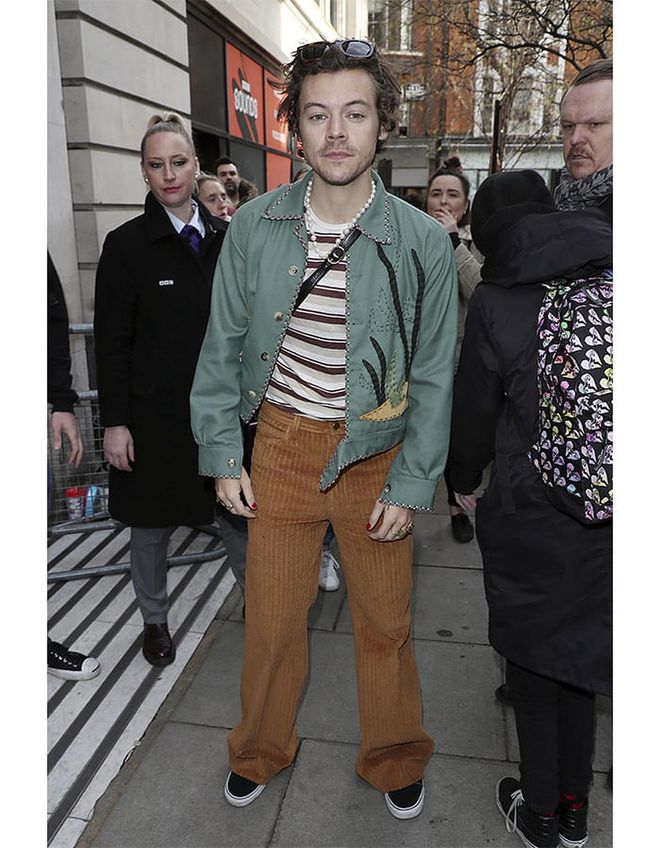 Harry Styles leaving BBC Radio 2 decked in Gucci and Bode.