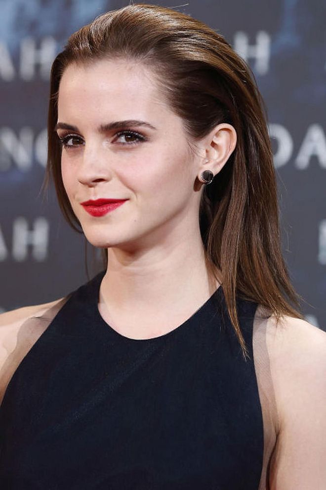 A different look for Watson at the premiere of Noah: straight hair, slicked-back, with tons of volume.
