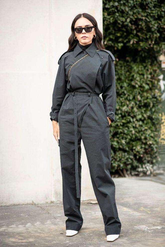 A military-inspired jumpsuit cinched in the waist is equal parts edgy and stylish.